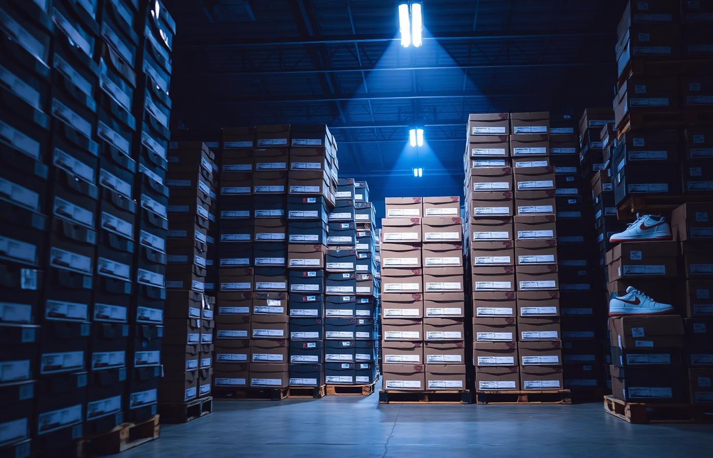 Bulk name-brand sneaker boxes stacked in a wholesale distribution warehouse
